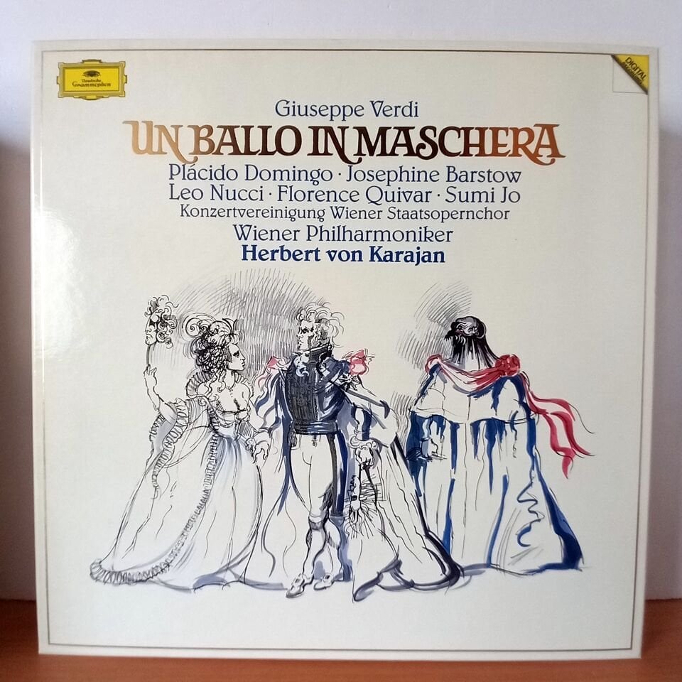 GIUSEPPE VERDI: UN BALLO IN MASCHERA / PLACIDO DOMINGO · JOSEPHINE BARSTOW · LEO NUCCI · FLORENCE QUIVAR · SUMI JO · KONZERTVEREINIGNUNG WIENER STAATSOPERNCHOR · WIENER PHILHARMONIKER · HERBERT VON KARAJAN (1989) - 3LP BOX SET 2.EL PLAK