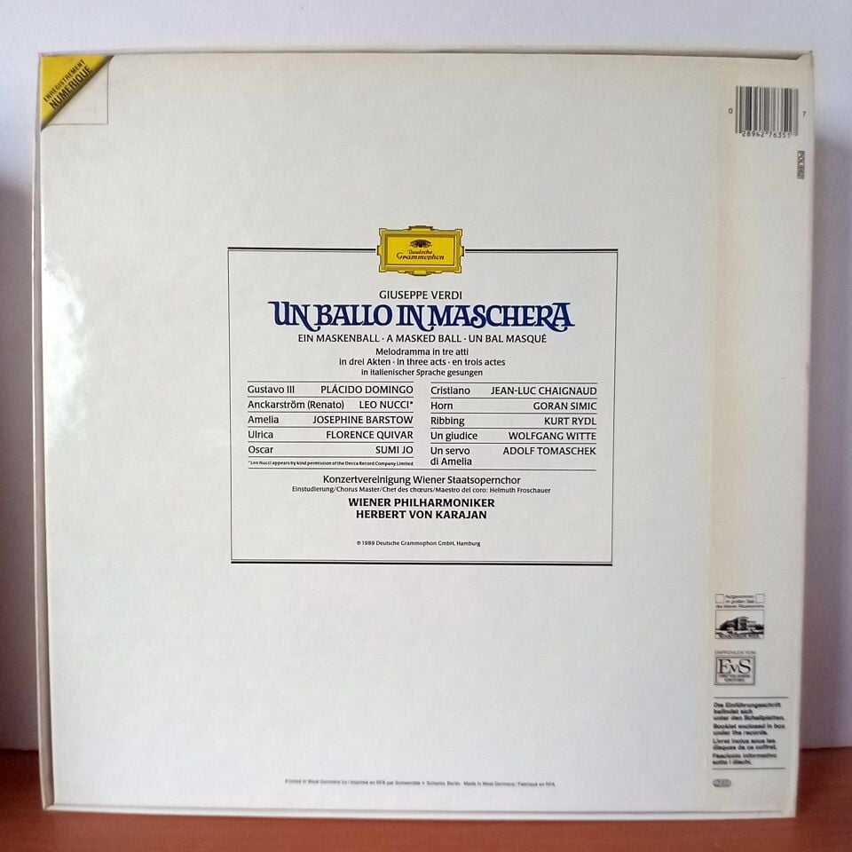 GIUSEPPE VERDI: UN BALLO IN MASCHERA / PLACIDO DOMINGO · JOSEPHINE BARSTOW · LEO NUCCI · FLORENCE QUIVAR · SUMI JO · KONZERTVEREINIGNUNG WIENER STAATSOPERNCHOR · WIENER PHILHARMONIKER · HERBERT VON KARAJAN (1989) - 3LP BOX SET 2.EL PLAK