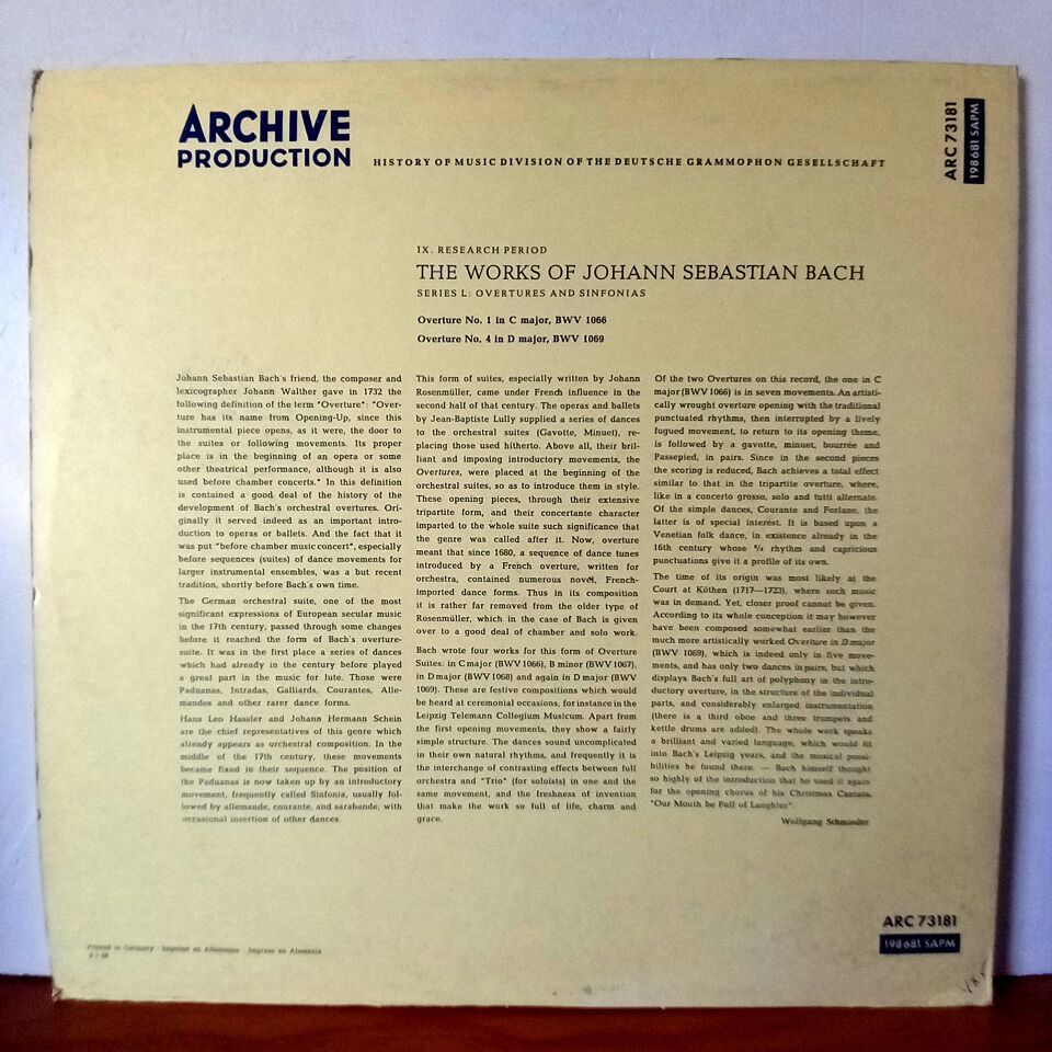 JOHANN SEBASTIAN BACH:  OVERTURE NO. 1 IN C MAJOR, BWV 1066 / OVERTURE NO. 4 IN D MAJOR, BWV 1069 / MUNICH BACH ORCHESTRA, KARL RICHTER (1963) - LP 2.EL PLAK