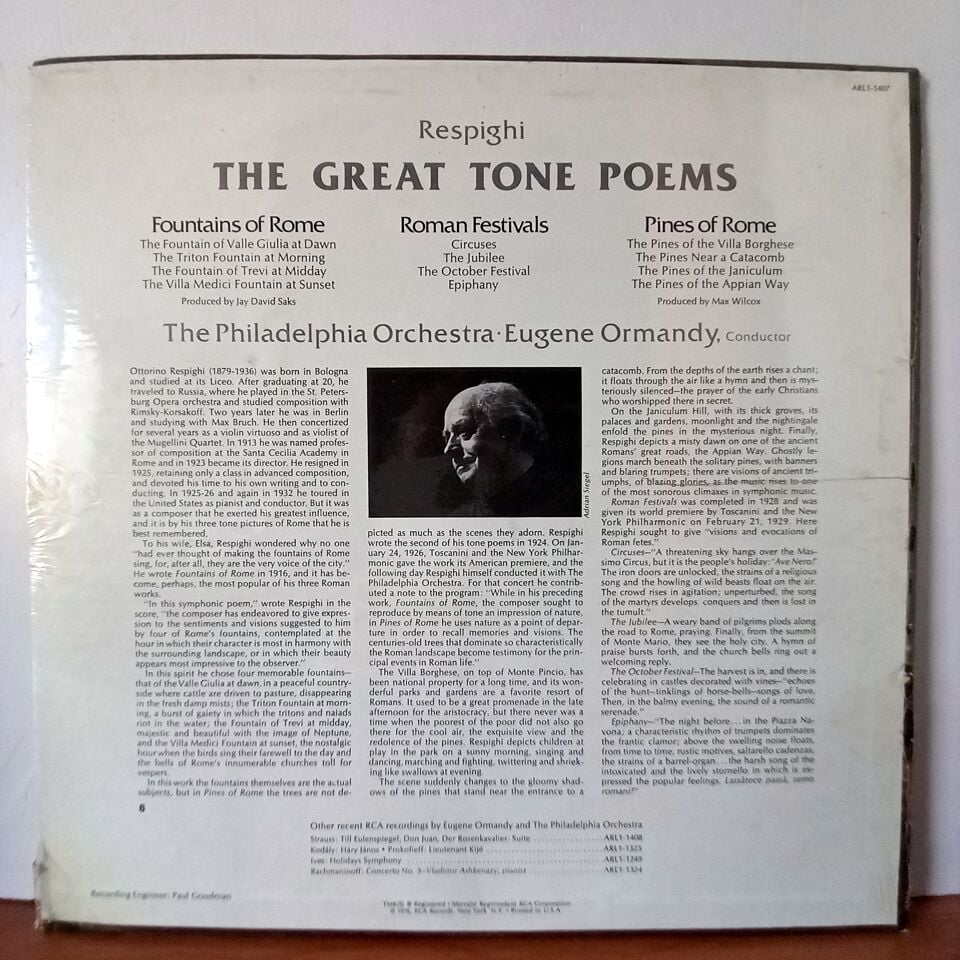 RESPIGHI: THE GREAT TONE POEMS: PINES OF ROME, FOUNTAINS OF ROME, ROMAN FESTIVALS /  EUGENE ORMANDY, THE PHILADELPHIA ORCHESTRA (1976) - LP DÖNEM BASKI SIFIR PLAK