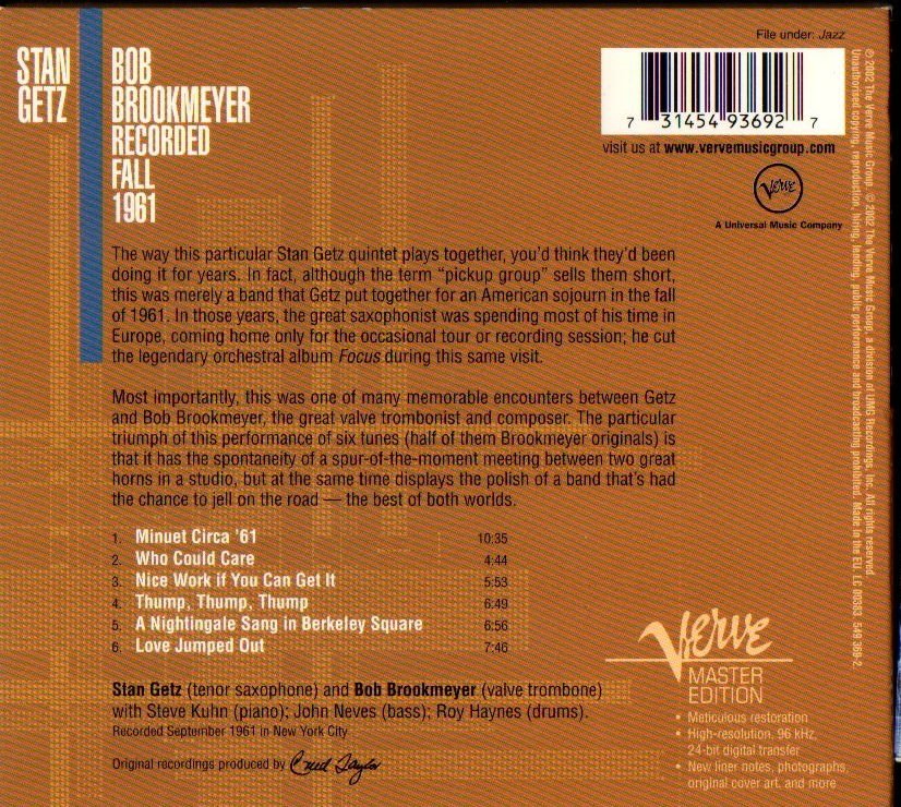 STAN GETZ & BOB BROOKMEYER – RECORDED FALL 1961 (2002) - CD DIGIPAK 2.EL