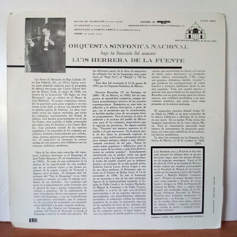 ORQUESTA SINFONICA NACIONAL DIRIGIDA POR LUIS HERRERA DE LA FUENTE – SONES DE MARIACHI / HUAPANGO / HOMENAJE A GARCIA LORCA / TRIBU (1955) - LP 2.EL PLAK