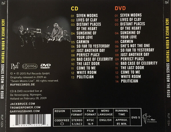 JACK BRUCE & ROBIN TROWER - SONGS FROM THE ROAD (2009 , aka SEVEN MOONS LIVE) - CD + DVD 2015 EDITION / JEWEL CASE AMBALAJINDA SIFIR