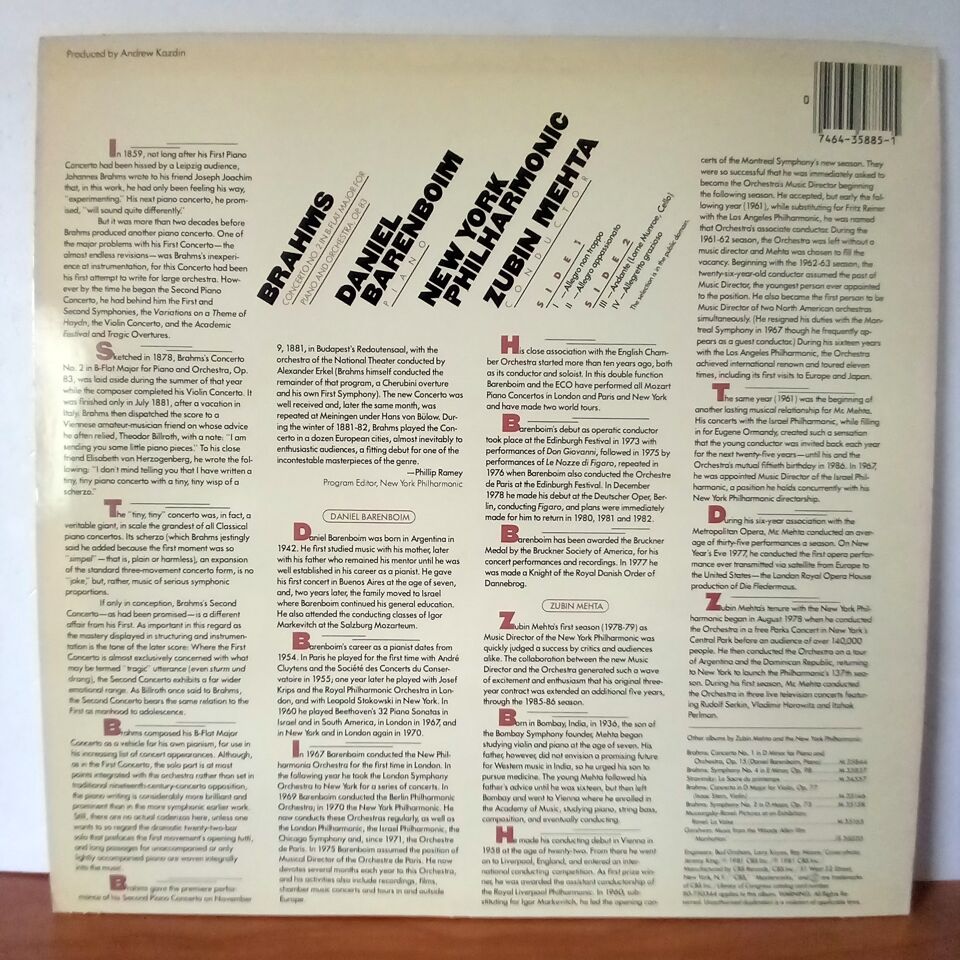 BRAHMS: PIANO CONCERTO NO. 2 / MEHTA / BARENBOIM / NEW YORK PHILHARMONIC (1980) - LP 2.EL PLAK