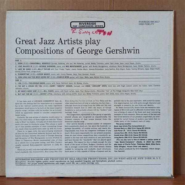 GREAT JAZZ ARTISTS PLAY COMPOSITIONS OF GEORGE GERSHWIN / CANNONBALL ADDERLEY, THELONIOUS MONK, BILL EVANS, CHARLIE BYRD, BILLY TAYLOR - LP 2.EL PLAK