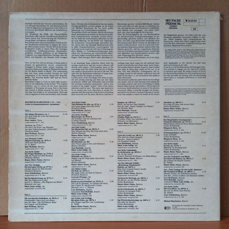 HEINRICH MARSCHNER – LIEDER UND BALLADEN VON HEINRICH MARSCHNER / PETER ANDERS, MARGARETE KLOSE, HANNS-HEINZ NISSEN, GERTRUDE PITZINGER, ARNO SCHELLENBERG, MARIE LUISE SCHILP, TRESI RUDOLPH, LORE HOFFMANN - 2LP 2.EL PLAK