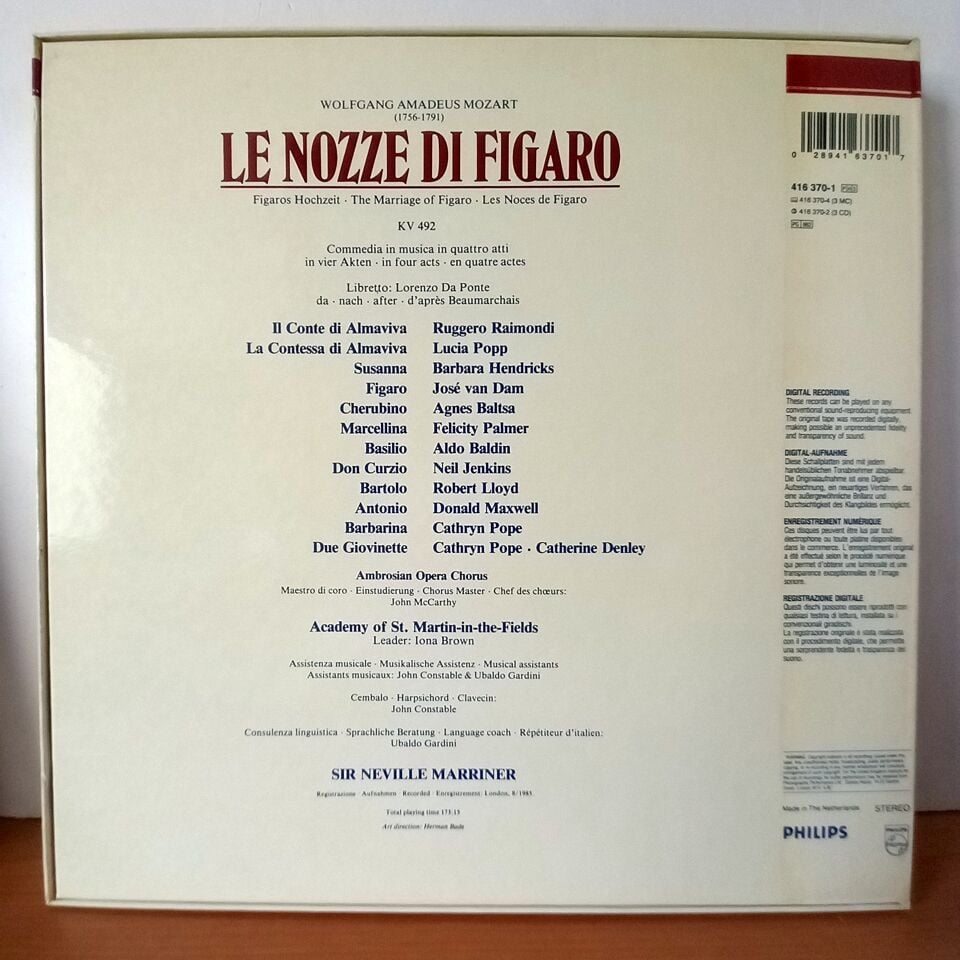 MOZART: LE NOZZE DI FIGARO / VAN DAM, HENDRICKS, RAIMONDI, POPP, BALTSA, LLOYD, PALMER, BALDIN, THE ACADEMY OF ST. MARTIN-IN-THE-FIELDS, SIR NEVILLE MARRINER (1986) - 3LP BOX SET 2.EL PLAK