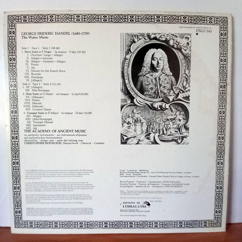 HANDEL:  THE WATER MUSIC / THE ACADEMY OF ANCIENT MUSIC (1978) - LP 2.EL PLAK