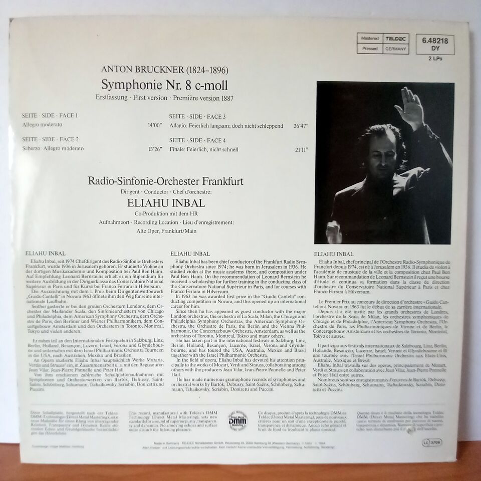 BRUCKNER: SYMPHONY NO. 8 . FIRST VERSION / RADIO-SINFONIE-ORCHESTER FRANKFURT , ELIAHU INBAL (1985) - 2LP 2.EL PLAK
