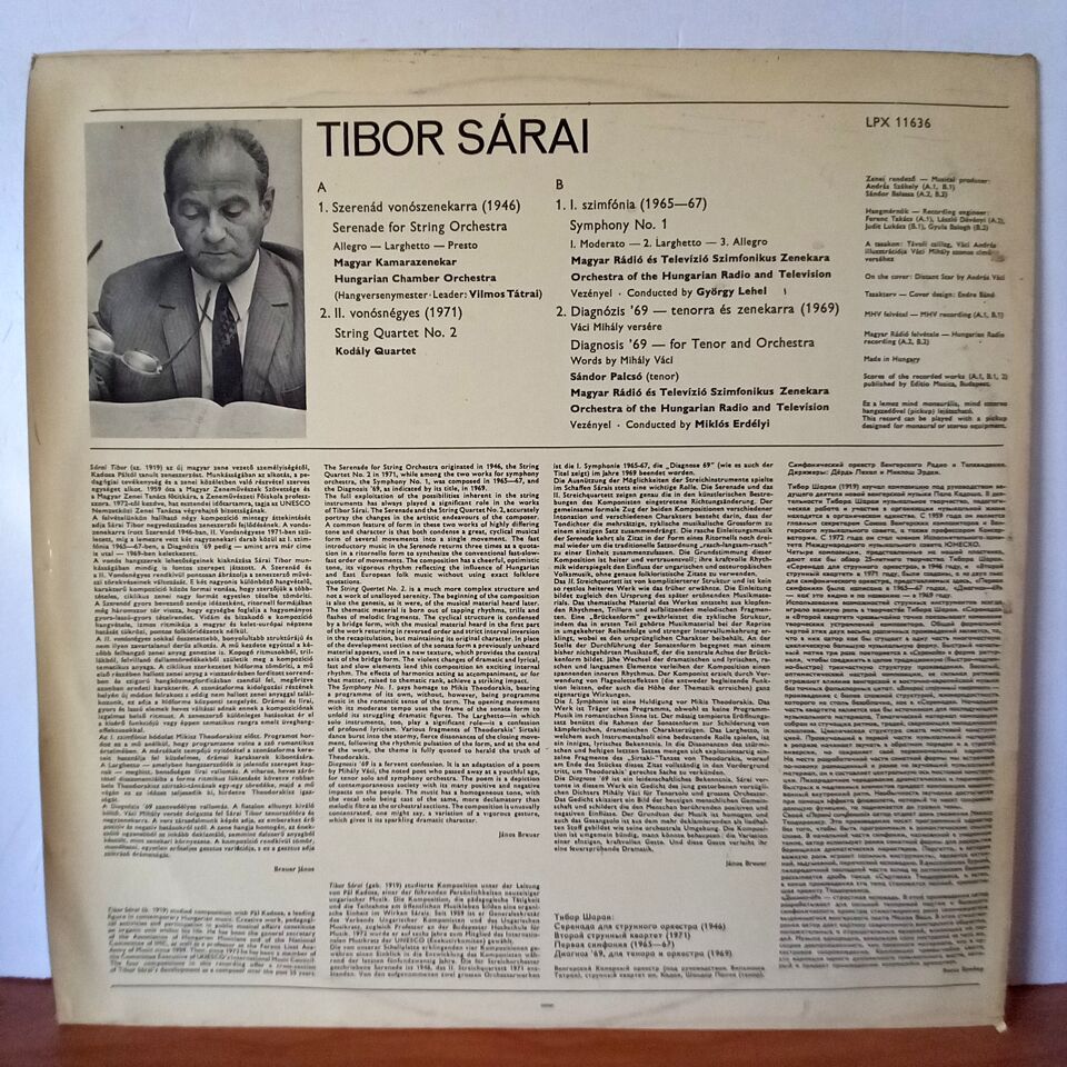 TIBOR SARAI – SERENADE FOR STRINGS / STRING QUARTET NO. 2 / SYMPHONY NO. 1 / DIAGNOSIS '69 (1972) - LP 2.EL PLAK