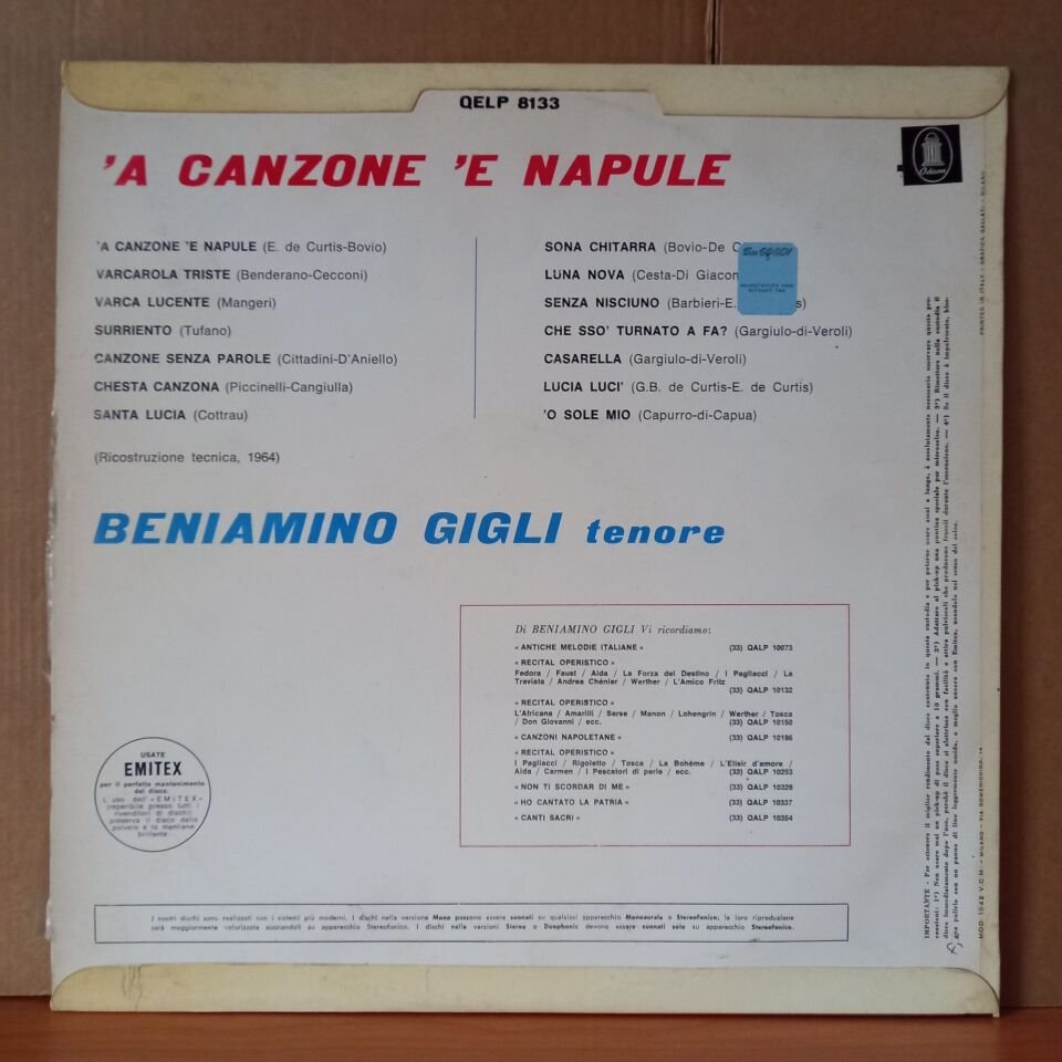 BENIAMINO GIGLI – 'A CANZONE 'E NAPULE (1964) - LP 2.EL PLAK