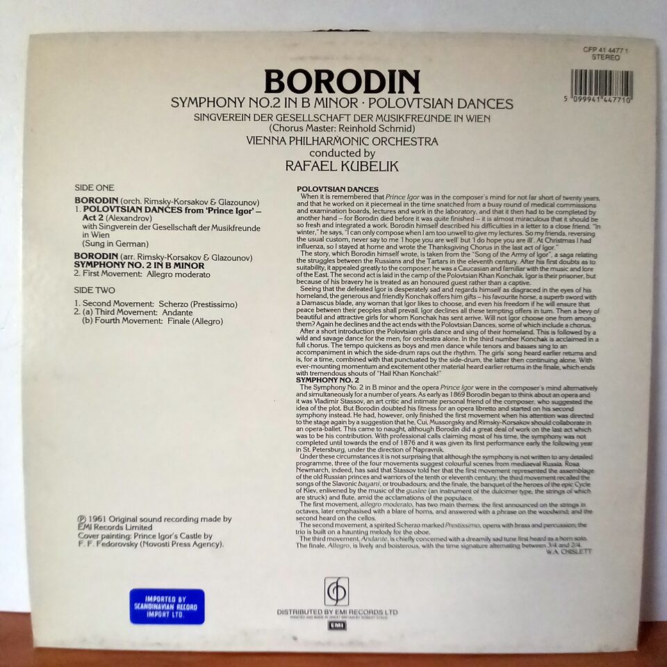 BORODIN: SYMPHONY 2 IN B MINOR ∙ POLOVTSIAN DANCES / SINGVEREIN DER GESELLSCHAFT DER MUSIKFREUNDE IN WIEN, VIENNA PHILHARMONIC ORCHESTRA, RAFAEL KUBELIK (1961) - LP 2.EL PLAK