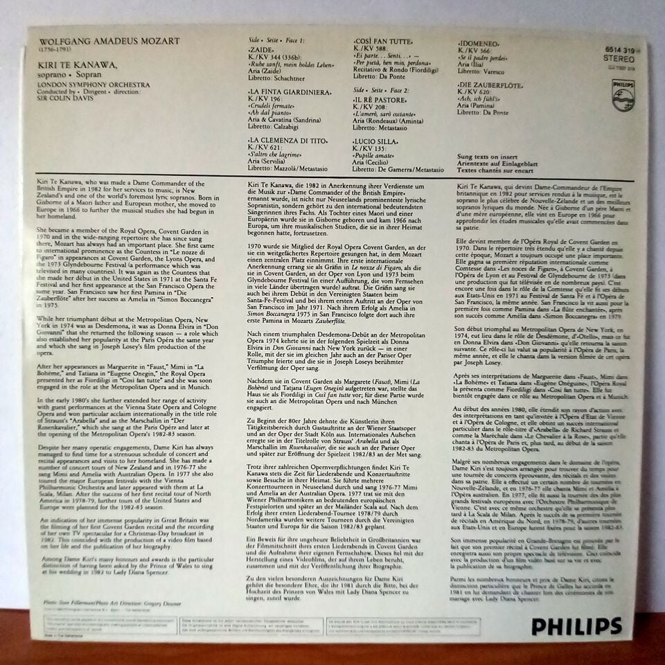 MOZART - KIRI TE KANAWA, SIR COLIN DAVIS, LONDON SYMPHONY ORCHESTRA – OPERA ARIAS / OPERNARIEN (1983) - LP 2.EL PLAK