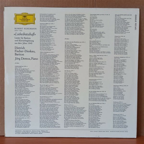ROBERT SCHUMANN / DIETRICH FISCHER-DIESKAU, JÖRG DEMUS – ''LIEBESBOTSCHAFT'' LIEDER FÜR BARITON UND KLAVIERBEGLEITUNG (1967) - LP 2.EL PLAK