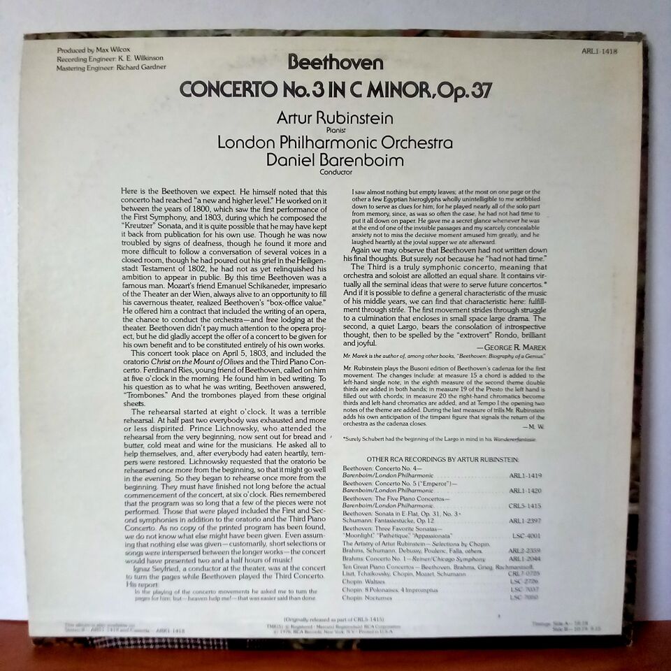 RUBINSTEIN, BARENBOIM, LONDON PHILHARMONIC ORCHESTRA, BEETHOVEN – CONCERTO NO. 3 (1976) - LP 2.EL PLAK