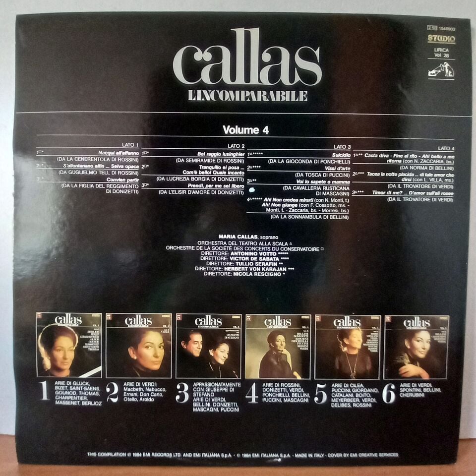 MARIA CALLAS – L'INCOMPARABILE VOL. 4 / ARIE DI BELLINI, DONIZETTI, MASCAGNI, PUCCINI, ROSSINI, VERDI (1984) - 2LP 2.EL PLAK