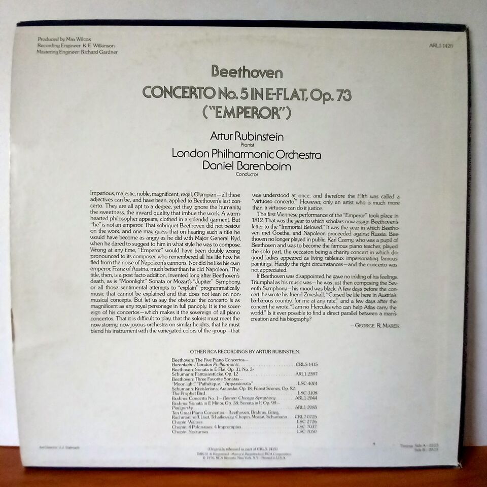 RUBINSTEIN, BARENBOIM, BEETHOVEN, LONDON PHILHARMONIC ORCHESTRA – CONCERTO NO 5 IN E-FLAT, OP. 73 \'\'EMPEROR\'\' (1976) - LP 2.EL PLAK
