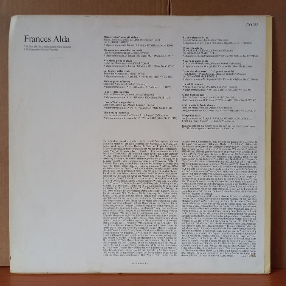 FRANCES ALDA – FRANCES ALDA, 1883-1952 / VERDI, CATALANI, PUCCINI, OFFENBACH, BOITO - LP 2.EL PLAK