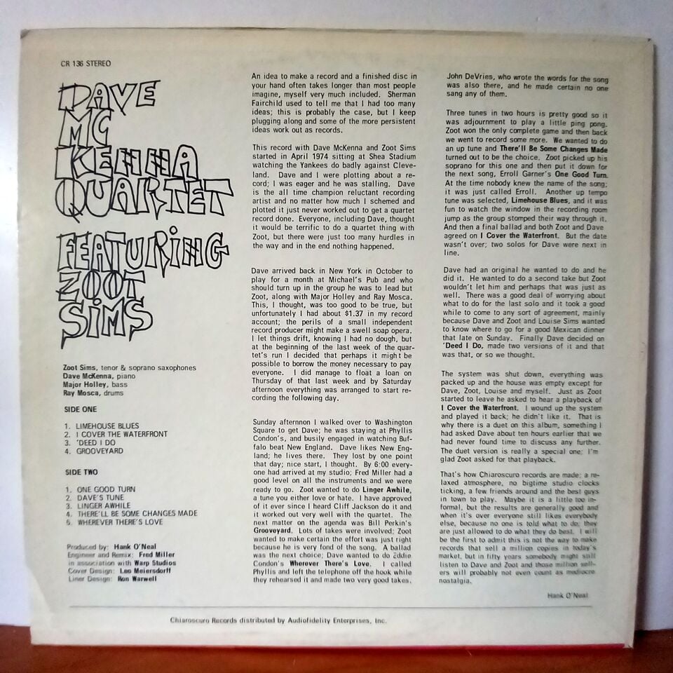 DAVE MCKENNA QUARTET FEATURING ZOOT SIMS – DAVE MCKENNA QUARTET FEATURING ZOOT SIMS (1975) - LP 2.EL PLAK