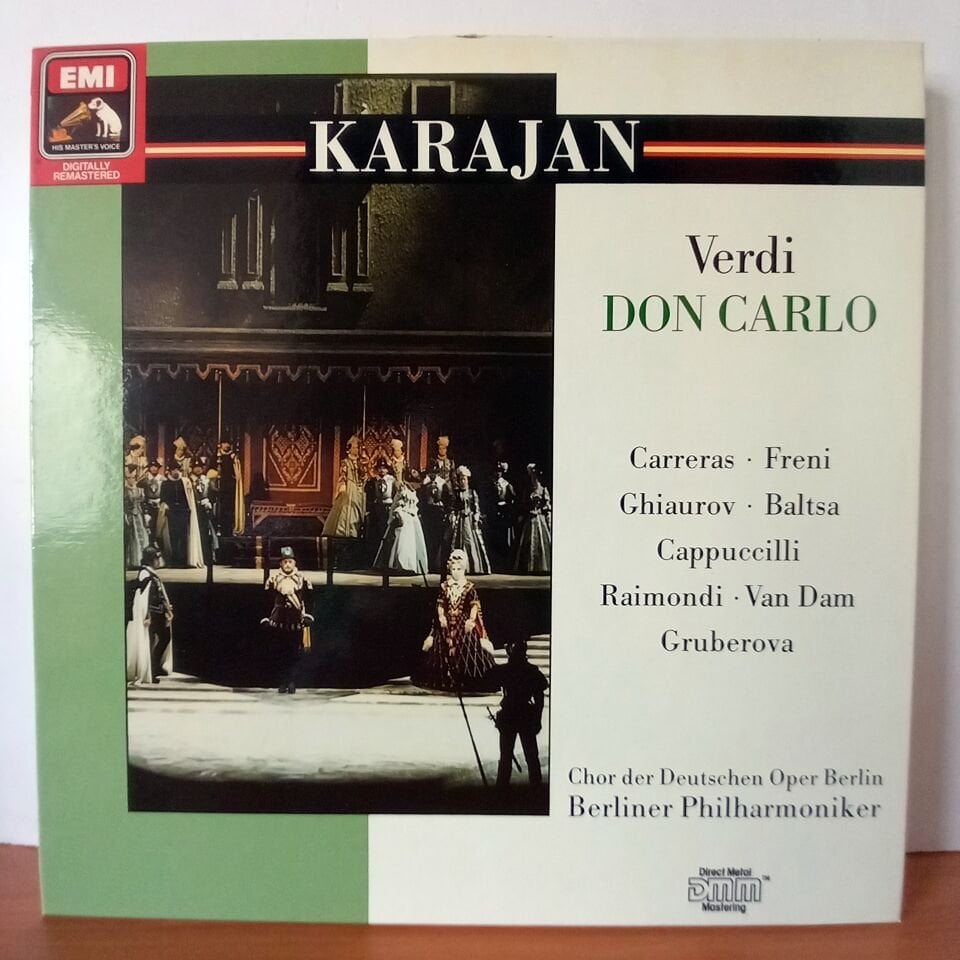 VERDI: DON CARLO / CARRERAS • FRENI • GHIAUROV • BALTSA • CAPPUCCILLI • RAIMONDI • VAN DAM • GRUBEROVA, CHOR DER DEUTSCHEN OPER BERLIN, BERLINER PHILHARMONIKER, KARAJAN (1988) - 3LP BOX SET 2.EL PLAK