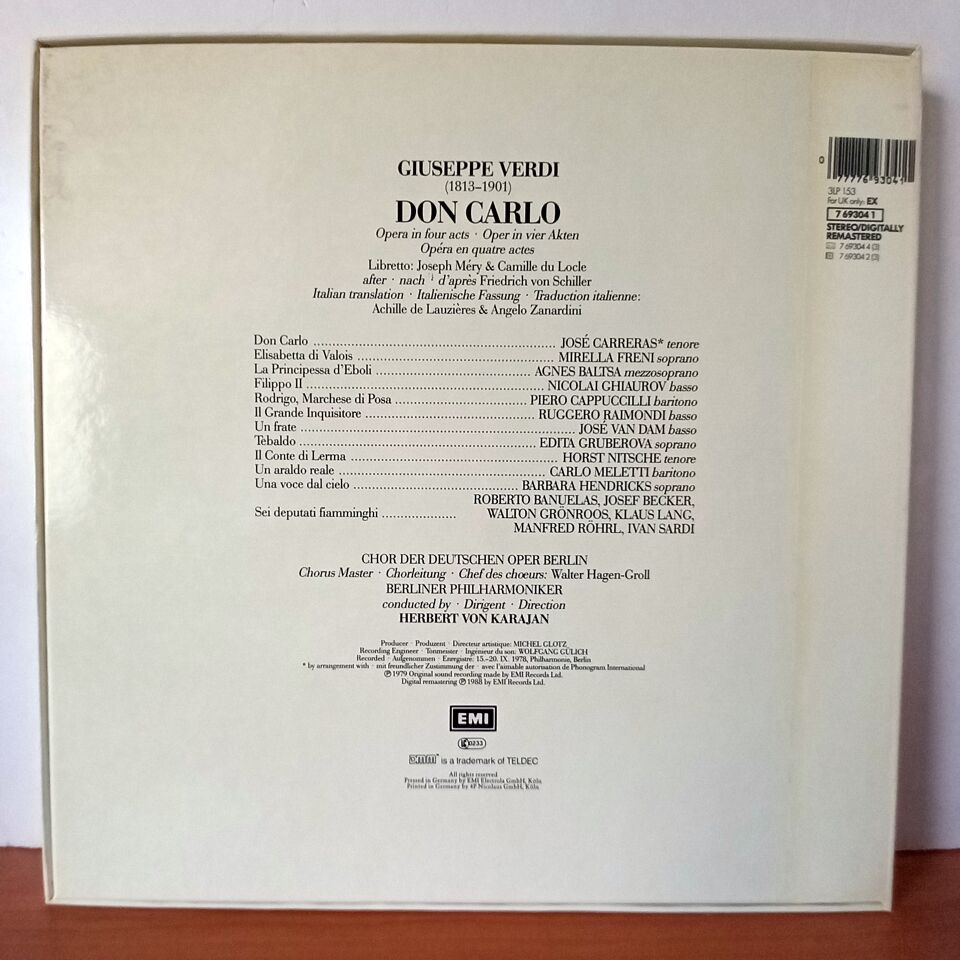 VERDI: DON CARLO / CARRERAS • FRENI • GHIAUROV • BALTSA • CAPPUCCILLI • RAIMONDI • VAN DAM • GRUBEROVA, CHOR DER DEUTSCHEN OPER BERLIN, BERLINER PHILHARMONIKER, KARAJAN (1988) - 3LP BOX SET 2.EL PLAK