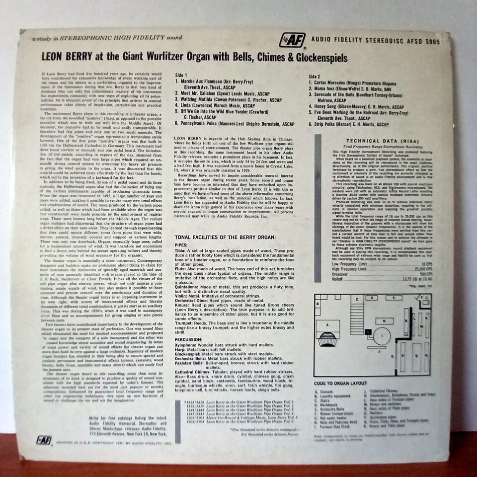 GIANT WURLITZER PIPE ORGAN WITH BELLS, CHIMES AND GLOCKENSPIELS / LEON BERRY (1961) - LP 2.EL PLAK