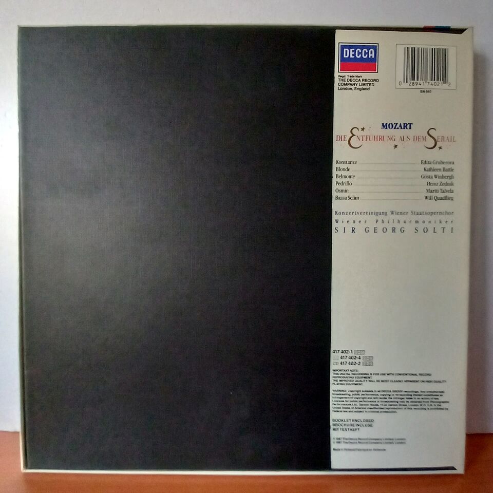 MOZART: DIE ENTFÜHRUNG AUS DEM SERAIL / GRUBEROVA, BATTLE, WINBERGH, ZEDNIK, TALVELA, QUADFLIEG, WIENER PHILHARMONIKER, GEORG SOLTI (1987) - 2LP BOX SET 2.EL PLAK