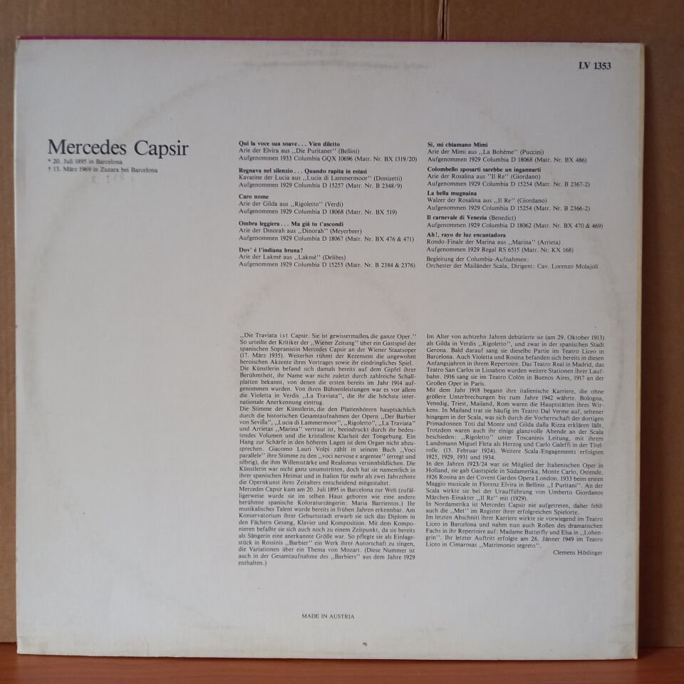 MERCEDES CAPSIR – LEBENDIGE VERGANGENHEIT / BELLINI, DONIZETTI, VERDI, MEYERBEER, DELIBES, PUCCINI, GIORDANO, BENEDICT, ARRIETA - LP 2.EL PLAK