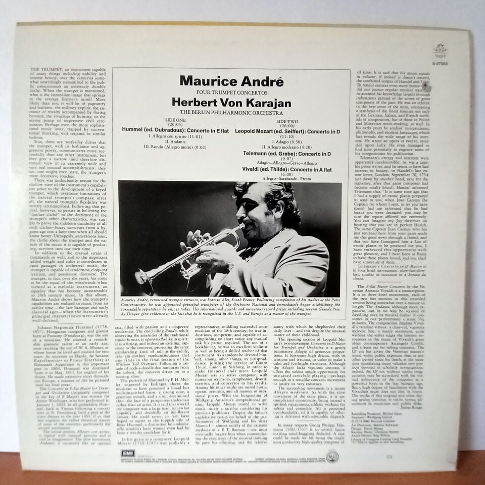 MAURICE ANDRE / FOUR TRUMPET CONCERTOS BY VIVALDI / TELEMANN / LEOPOLD MOZART / HUMMEL / VON KARAJAN, BERLIN PHILHARMONIC (1975) - LP 2.EL PLAK