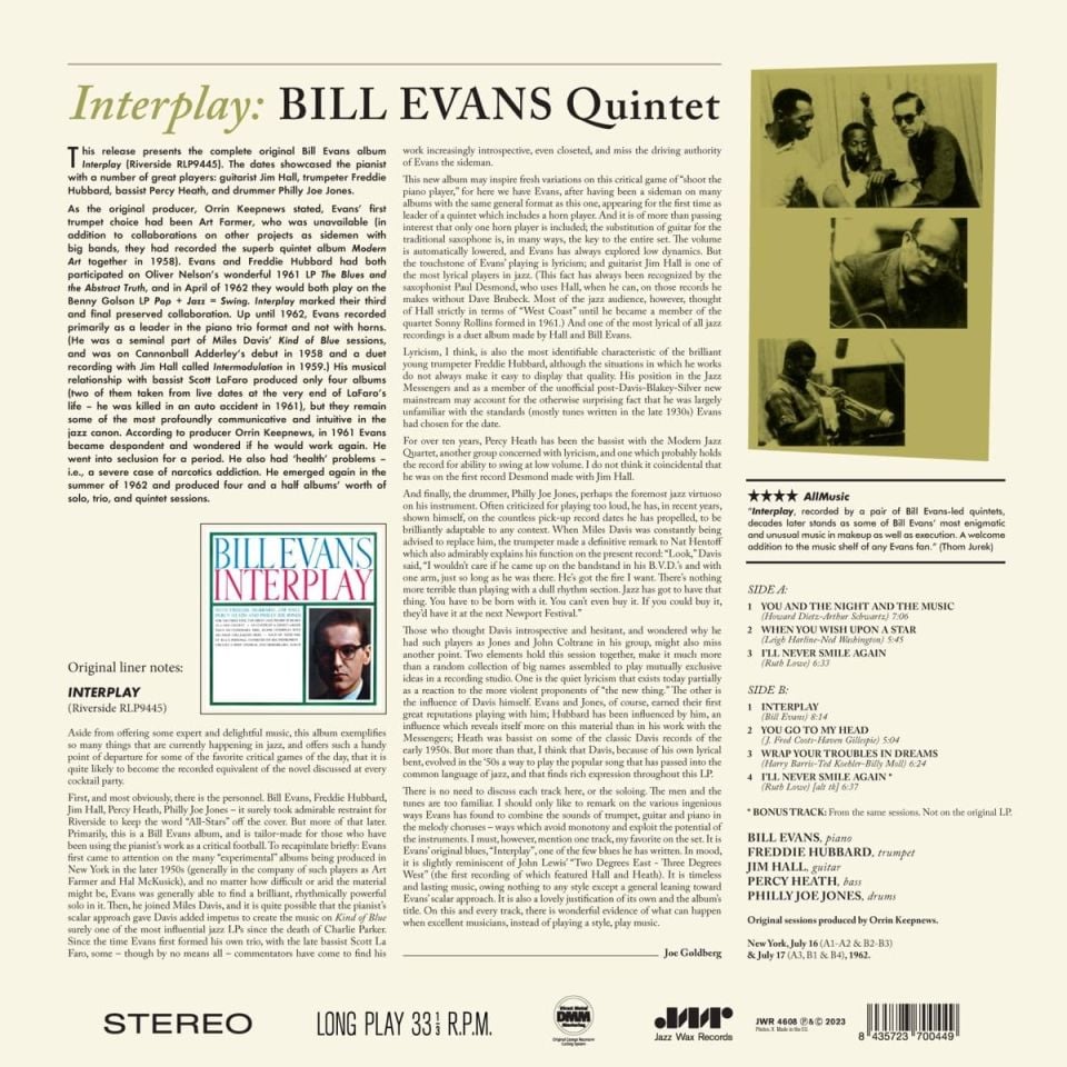 BILL EVANS - INTERPLAY (1962) - LP 180GR 2023 EDITION SIFIR PLAK