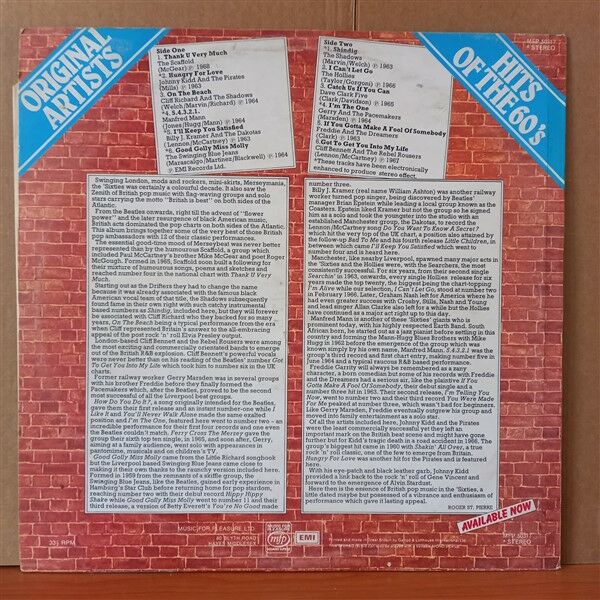 HITS OF THE 60'S/ MANFRED MANN, HOLLIES, DAVE CLARK, SHADOWS, CLIFF RICHARD & THE SHADOWS (1976) - LP 2.EL PLAK