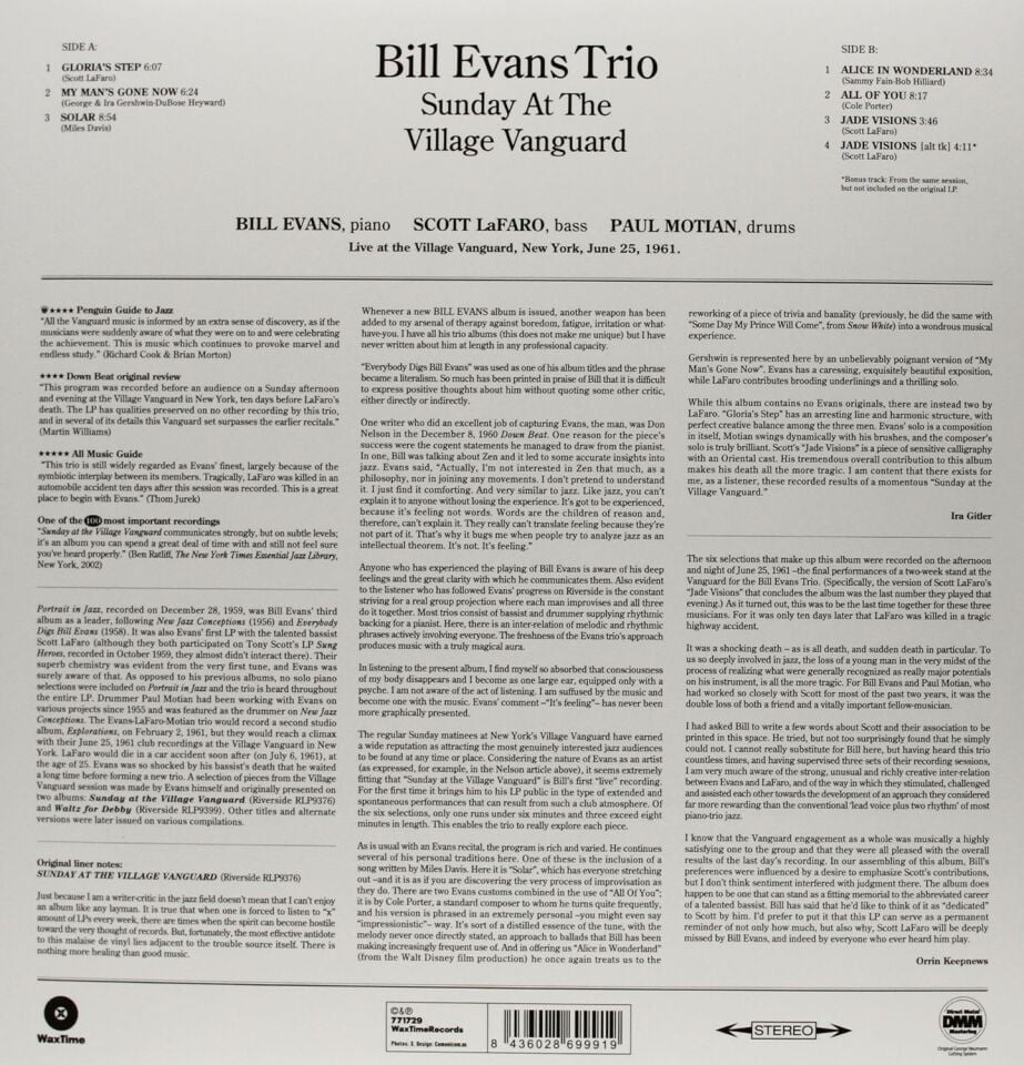 BILL EVANS TRIO - SUNDAY AT THE VILLAGE VANGUARD (1961) - LP 180GR REISSUE SIFIR PLAK