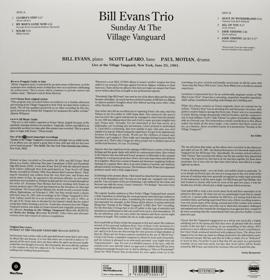 BILL EVANS TRIO - SUNDAY AT THE VILLAGE VANGUARD (1961) - LP 180GR REISSUE SIFIR PLAK