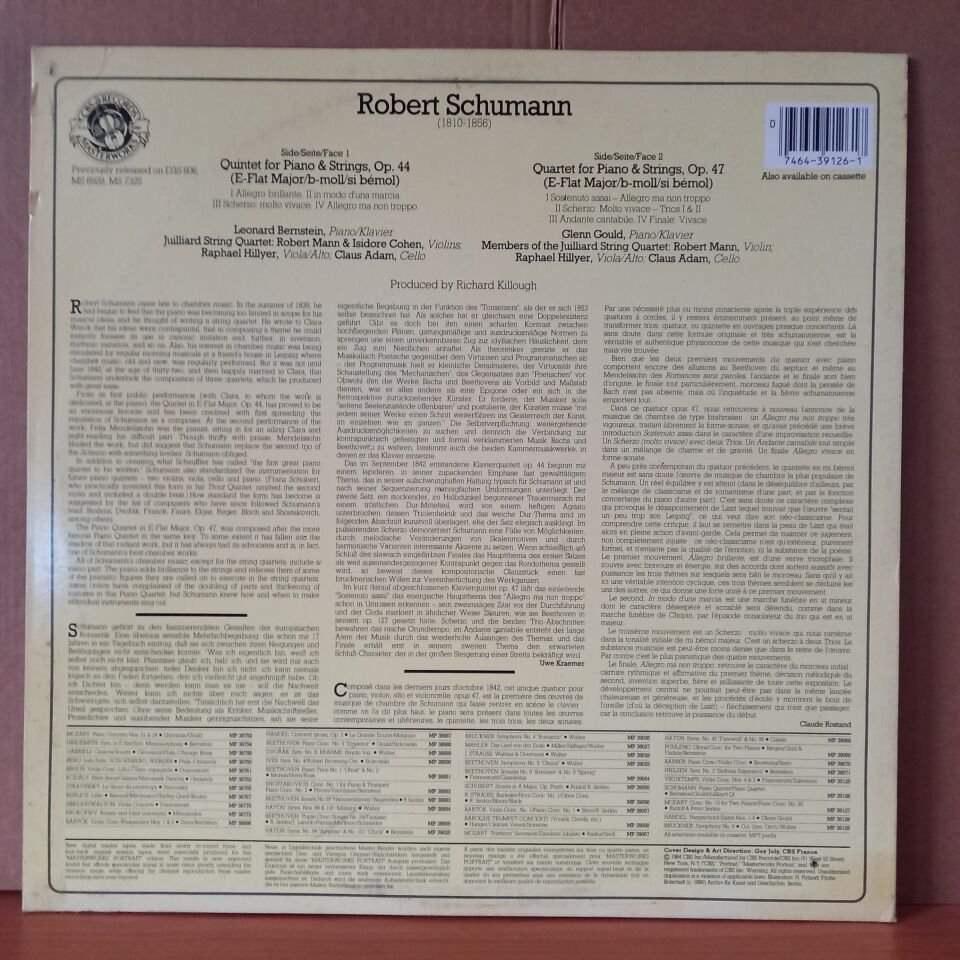 SCHUMANN: PIANO QUINTET, OP. 44 LEONARD BERNSTEIN / PIANO QUARTET, OP.47 GLENN GOULD / MEMBERS OF THE JUILLIARD STRING QUARTET, JUILLIARD STRING QUARTET (1984) - LP 2.EL PLAK