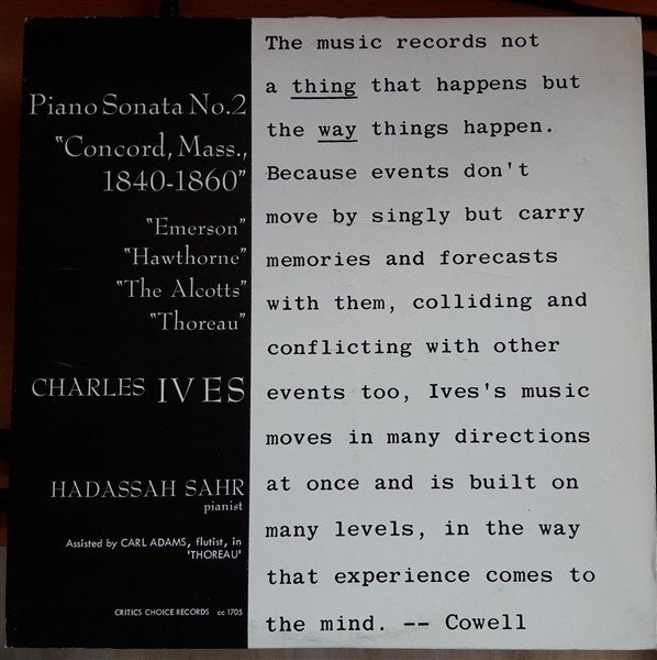 IVES: PIANO SONATO NO:2, CONCORD MASS, HADASSAH SAHR - LP 2.EL