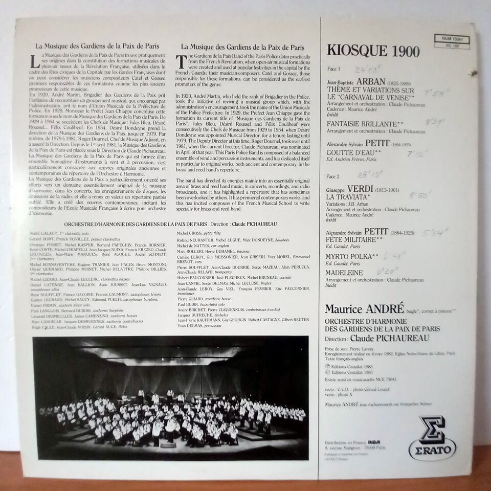 MAURICE ANDRE: KIOSQUE 1900 (FANTAISIES, POLKAS...) / CLAUDE PICHAUREAU, ORCHESTRE D\'HARMONIE DES GARDIENS DE LA PAIX DE PARIS (1983) - LP 2.EL PLAK