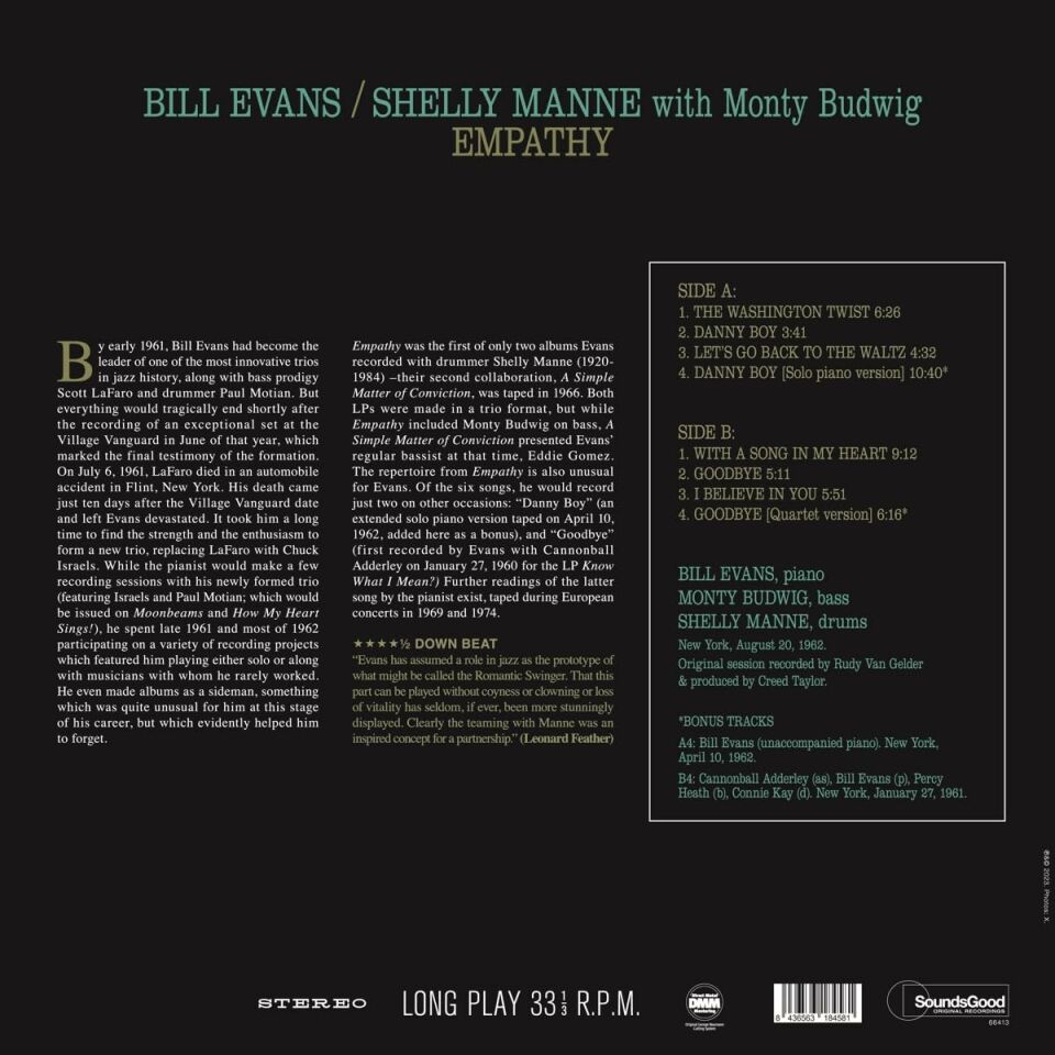 BILL EVANS & SHELLY MANNE with MONTY BUDWIG - EMPATHY (1962) - LP 180GR 2023 REISSUE GATEFOLD SIFIR PLAK