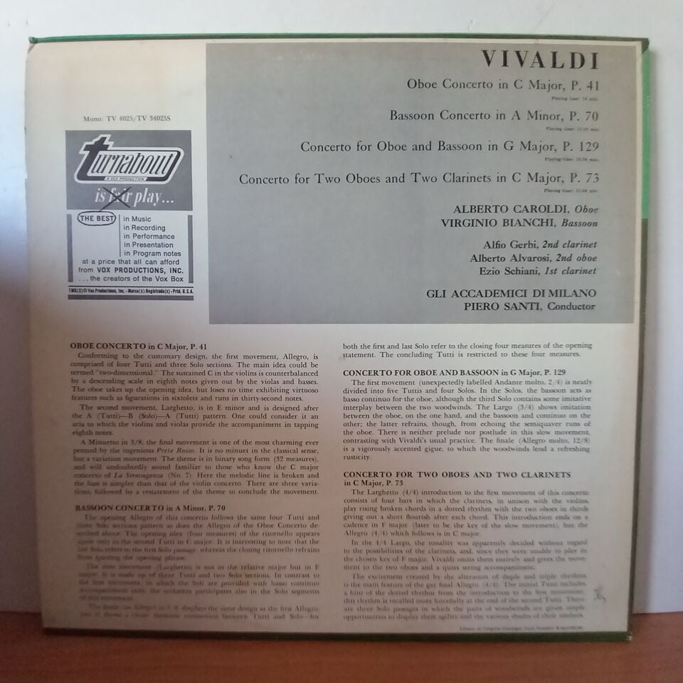 VIVALDI: 4 CONCERTI / GLI ACCADEMICI DI MILANO, PIERO SANTI (1966) - LP 2.EL PLAK