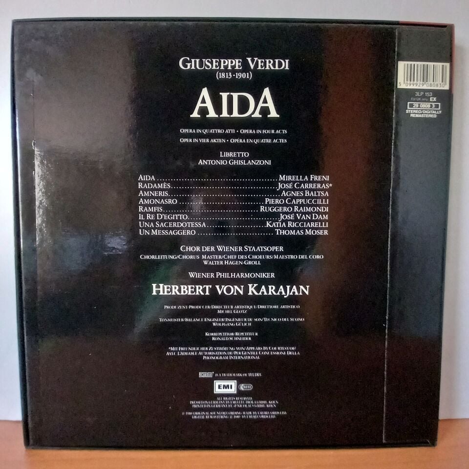 VERDI: AIDA / MIRELLA FRENI, JOSE CARRERAS, AGNES BALTSA, PIERO CAPPUCCILLI, RUGGERO RAIMONDI, JOSE VAN DAM, KATIA RICCIARELLI, THOMAS MOSER, VIENNA STATE OPERA CHORUS, VIENNA PHILHARMONIC ORCHESTRA, HERBERT VON KARAJAN (1986) - 2LP BOX SET 2.EL PLAK