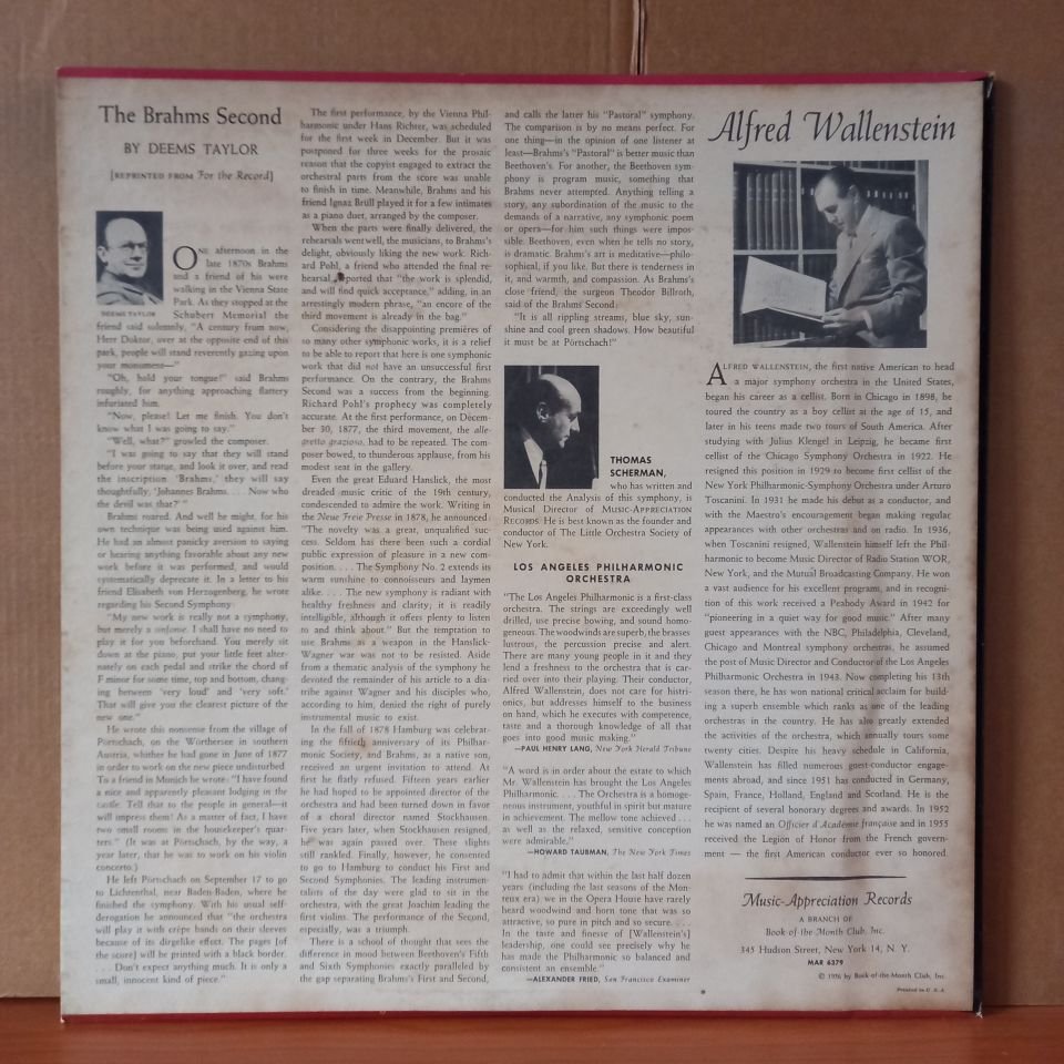 JOHANNES BRAHMS: SYMPHONY NO.2 IN D MAJOR - OP. 73 / ALFRED WALLENSTEIN, LOS ANGELES PHILHARMONIC ORCHESTRA (1956) - LP + 10 INCH 2.EL PLAK