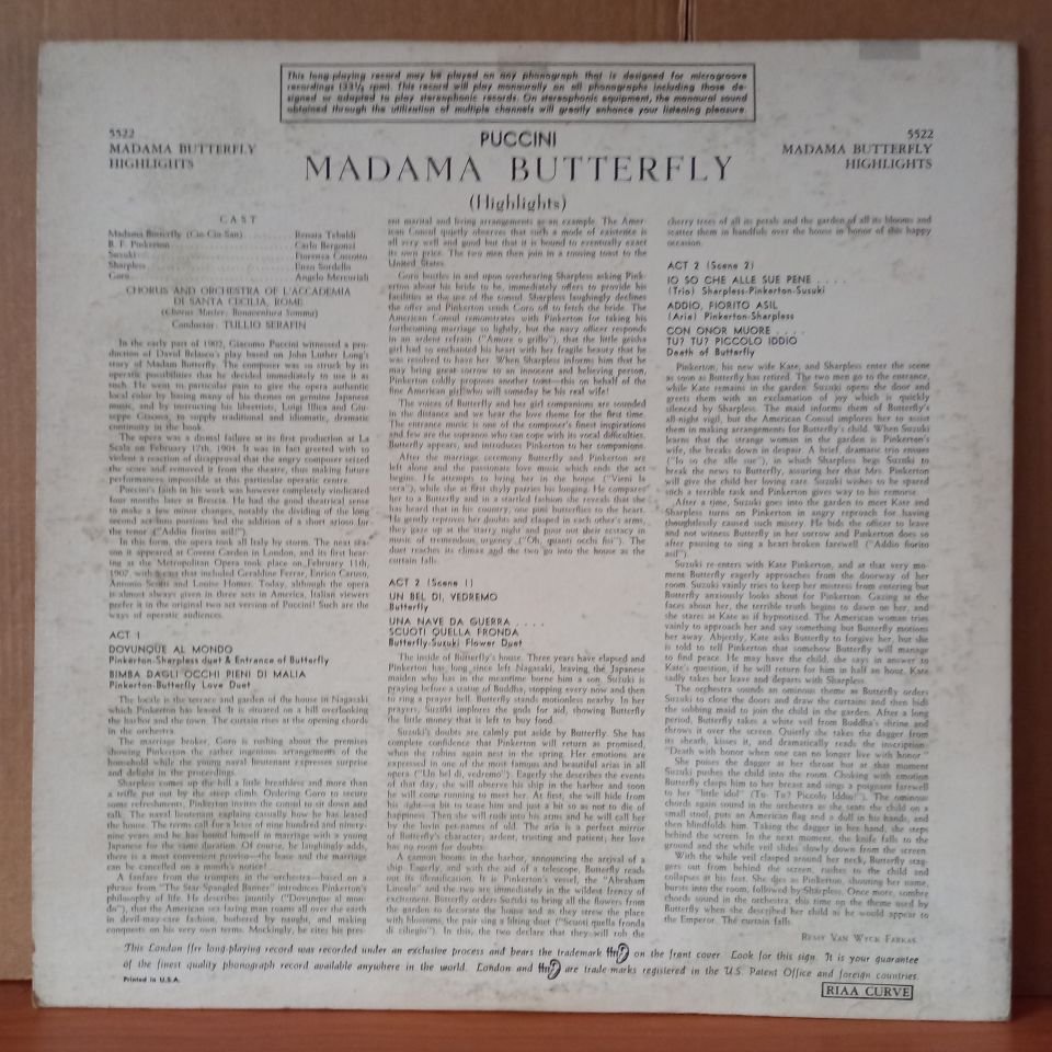 PUCCINI: MADAMA BUTTERFLY HIGHLIGHTS / RENATA TEBALDI · CARLO BERGONZI · TULLIO SERAFIN - LP 2.EL PLAK