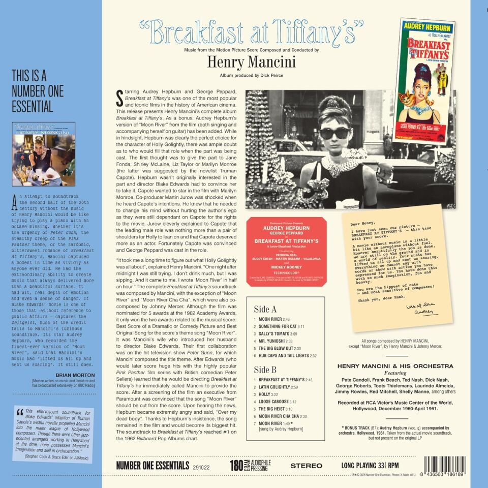 BREAKFAST AT TIFFANY SOUNDTRACK HENRY MANCINI - 2025 LP 180GR SIFIR PLAK