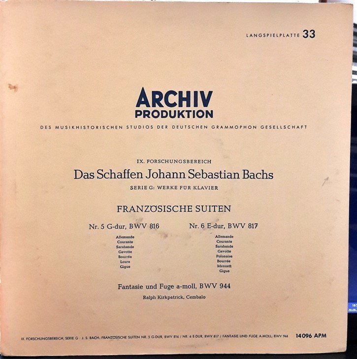 BACH: FRANZÖSISCHE SUITEN, RALPH KIRKPATRICK - PLAK 2.EL