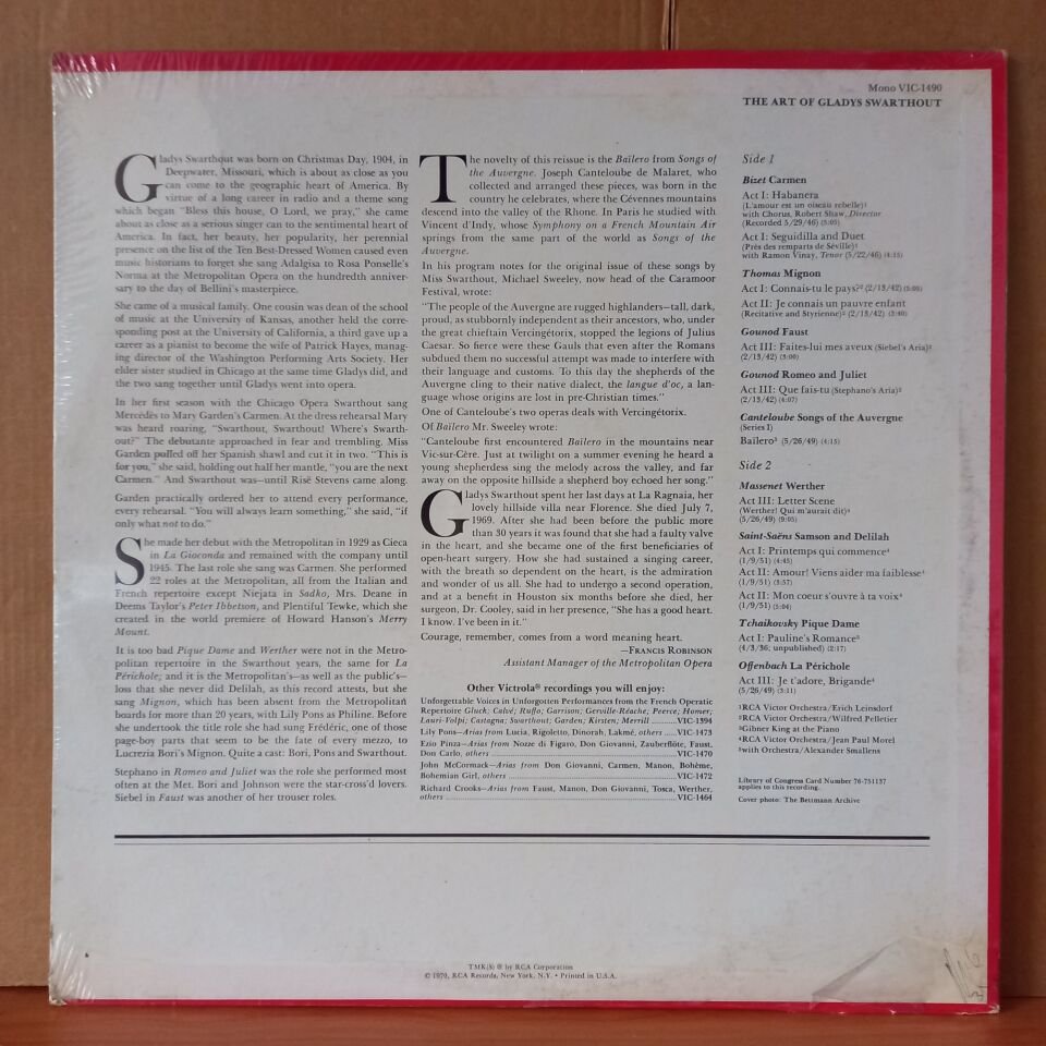 GLADYS SWARTHOUT – THE ART OF GLADYS SWARTHOUT / ARIAS FROM CARMEN, SAMSON AND DELILAH, MIGNON, FAUST, ROMEO AND JULIET, WERTHER, LA PERICHOLE, PIQUE DAME AND BAILERO (1970) - LP DÖNEM BASKISI SIFIR PLAK