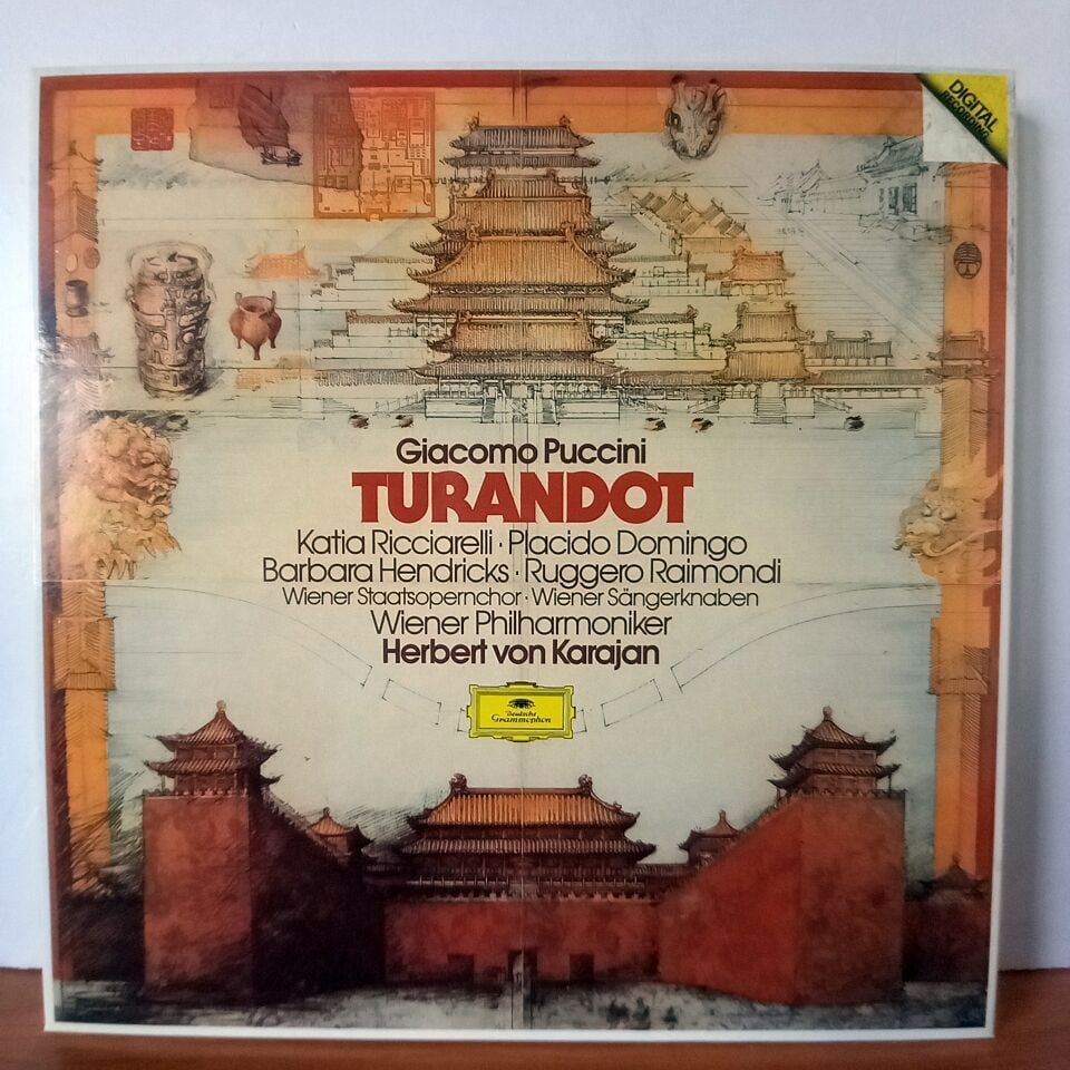 GIACOMO PUCCINI: TURANDOT / KATIA RICCIARELLI, PLACIDO DOMINGO, BARBARA HENDRICKS, RUGGERO RAIMONDI, WIENER STAATSOPERNCHOR, DIE WIENER SANGERKNABEN, WIENER PHILHARMONIKER, HERBERT VON KARAJAN (1982) - 3LP BOX SET 2.EL PLAK