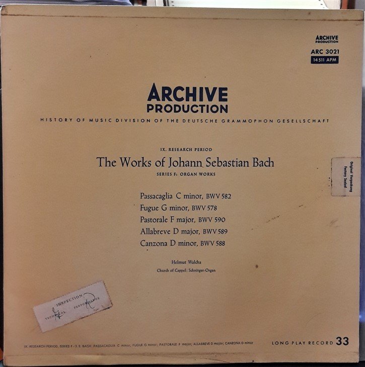BACH: PASSACAGLIA,FUGUE G MINOR, PASTORALE, HELMUT WALCHA - PLAK 2.EL
