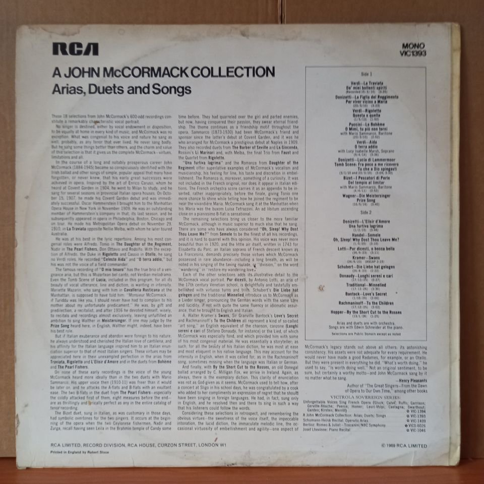 JOHN MCCORMACK – A JOHN MCCORMACK COLLECTION ARIAS, DUETS AND SONGS / VERDI, PUCCINI, DONIZETTI, BIZET, WAGNER, LOTTI, SCHUBERT, BANTOCK (1969) - LP 2.EL PLAK