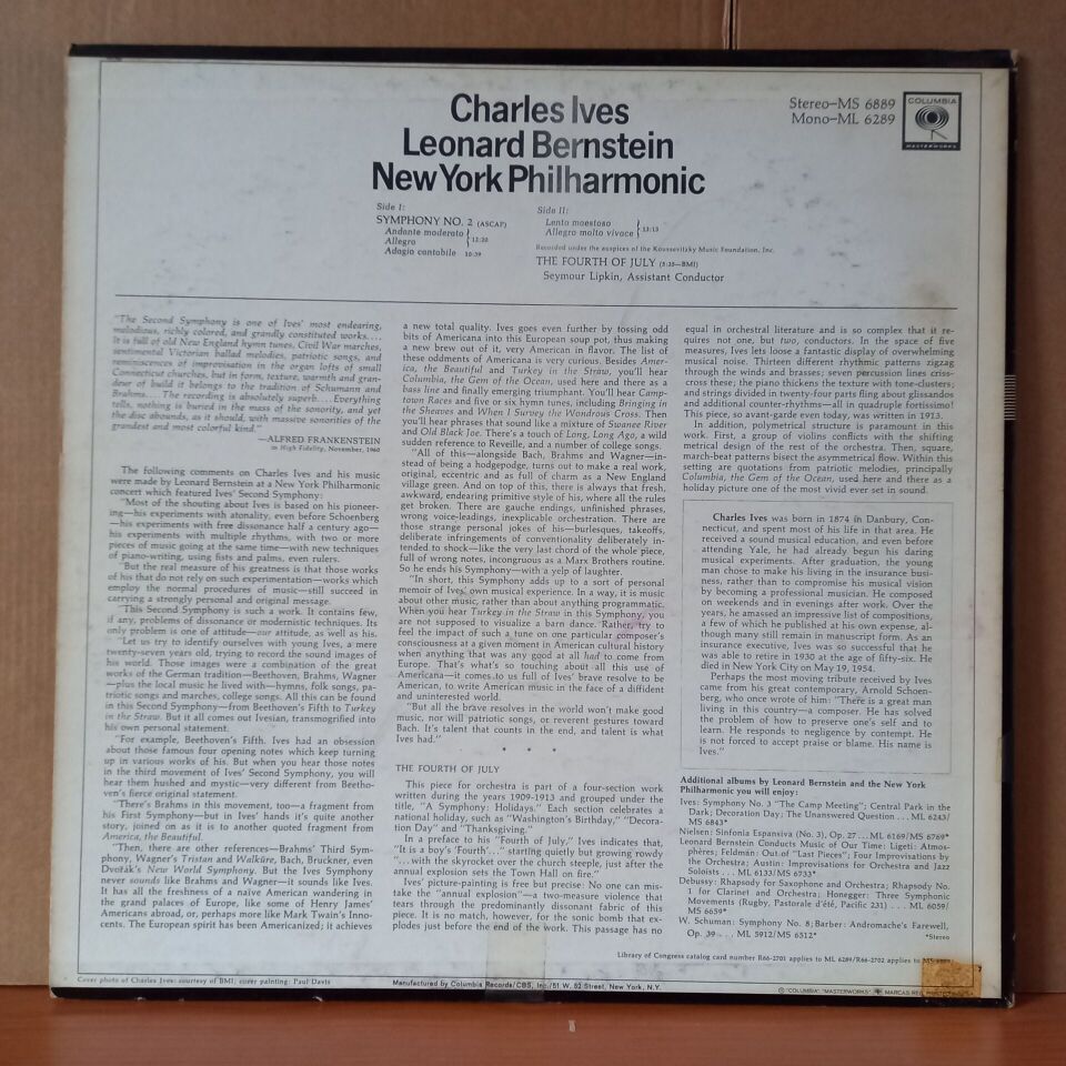 CHARLES IVES: SYMPHONY NO. 2 AND THE FOURTH OF JULY / LEONARD BERNSTEIN, NEW YORK PHILHARMONIC (1966) - LP 2.EL PLAK