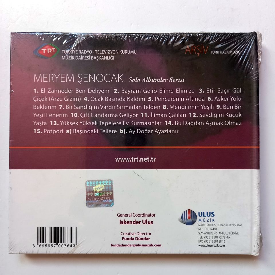 MERYEM ŞENOCAK / TÜRK HALK MÜZİĞİ / TRT ARŞİV SERİSİ 179 - CD SIFIR