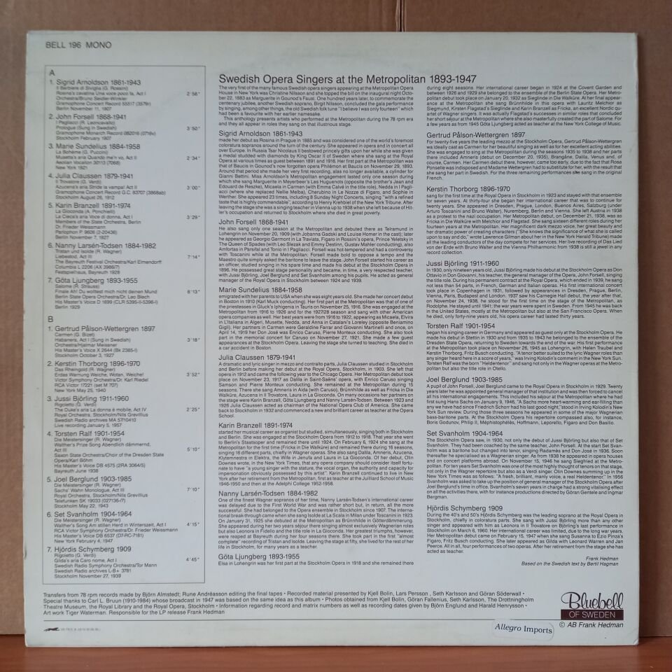 SWEDISH OPERA SINGERS IN NEW YORK 1893-1947 / SIGRID ARNOLDSON, JOHN FORSELL, MARIE SUNDELIUS, JULIA CLAUSSEN, KARIN BRANZELL, KERSTIN THORBORG (1986) - LP 2.EL PLAK